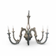 Carved wooden multi-arm chandelier in a muted grey finish