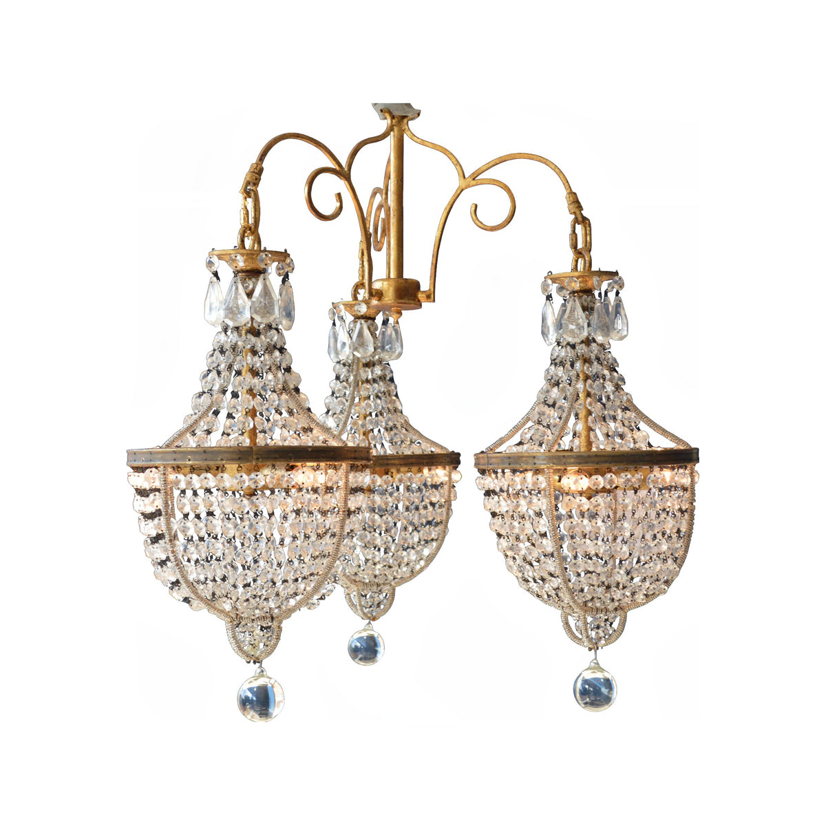 Eddie chandelier with branching arms and three faceted glass light assemblies