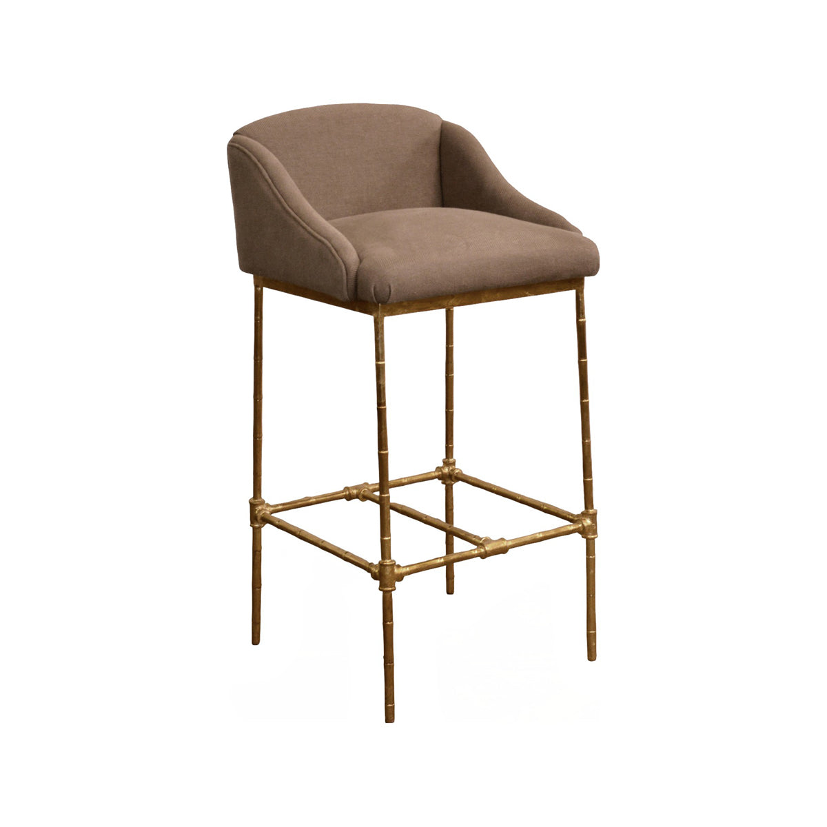 Barstool with a taupe linen seat and back on a slender metal frame