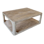Compact reclaimed pine coffee table with integrated lower shelf