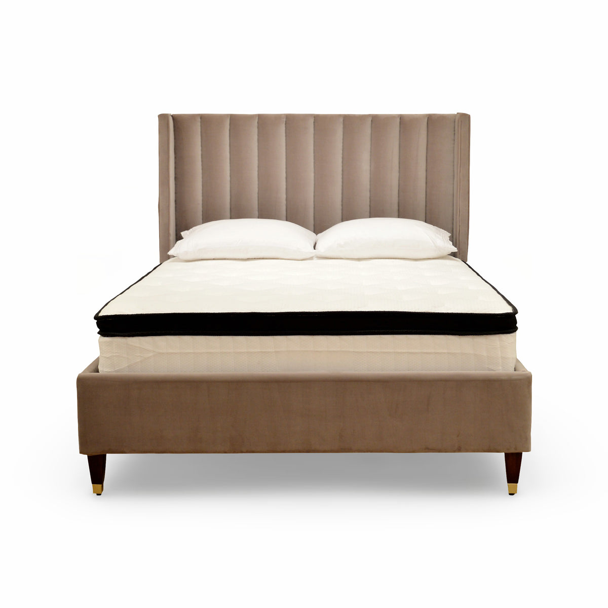 Upholstered queen bed in mushroom velvet with a channeled headboard