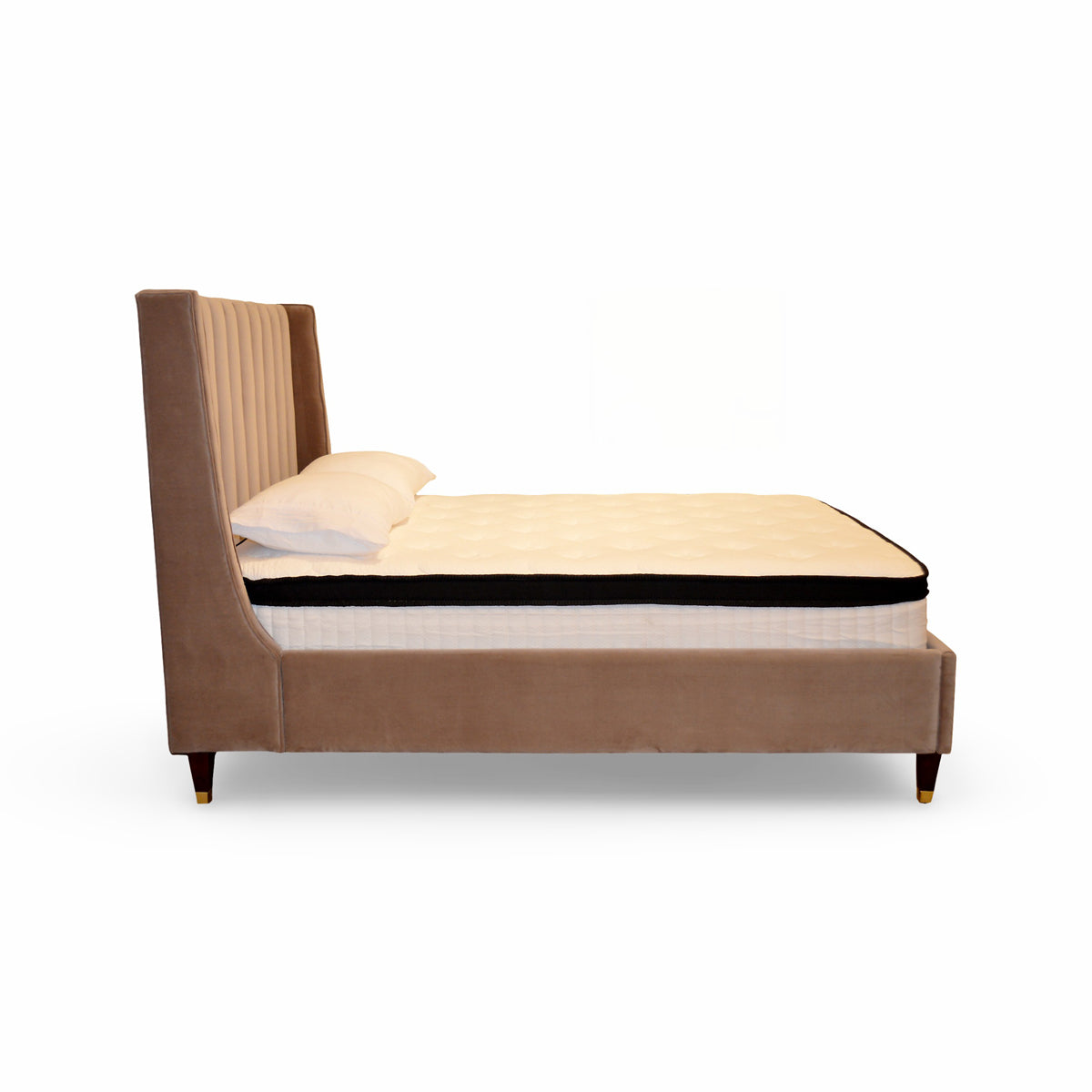 Upholstered queen bed in mushroom velvet with a channeled headboard