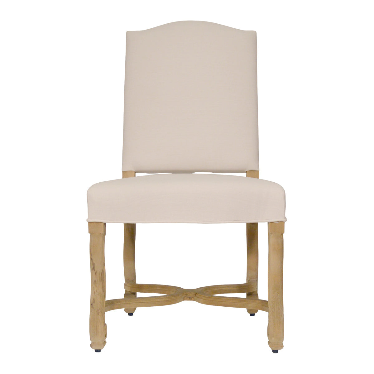 Dining chair with a carved oak frame and tailored linen upholstery