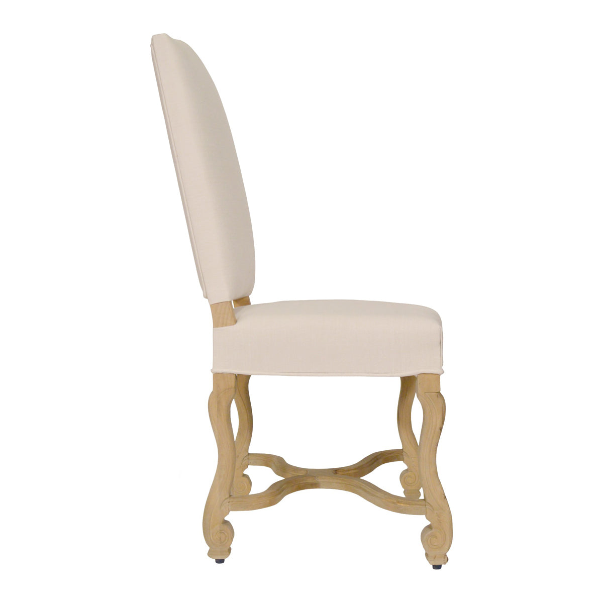Dining chair with a carved oak frame and tailored linen upholstery