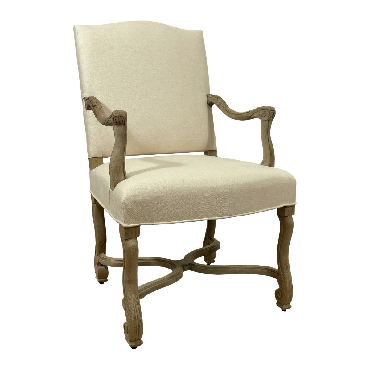 Dining arm chair with a distressed oak frame and linen upholstery
