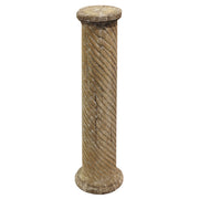 Cylindrical reclaimed pine column with a carved spiral surface