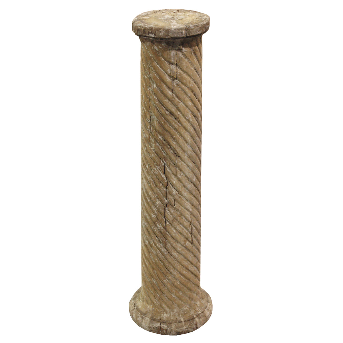 Cylindrical reclaimed pine column with a carved spiral surface