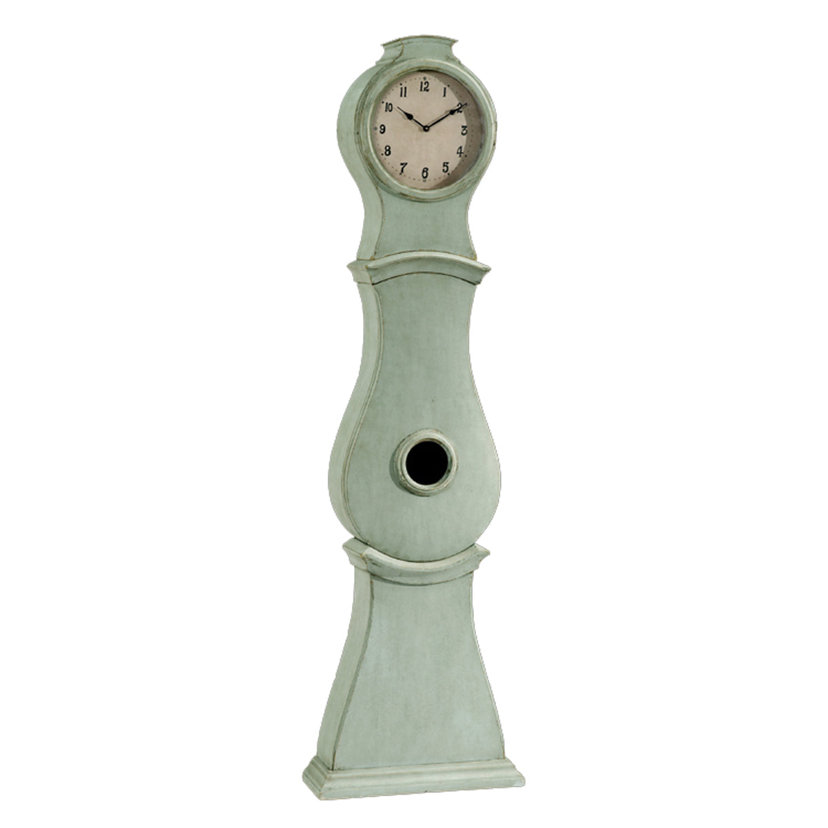 Tall Mora floor clock with a curved silhouette in Gustavian green