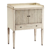 Small galleried reclaimed pine side table in white with doors and drawer
