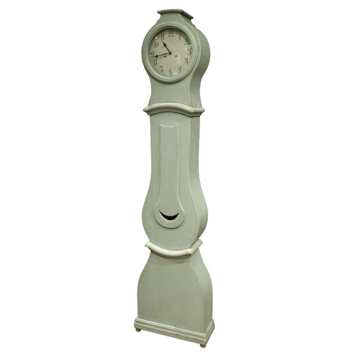 Tall Mora floor clock with a crescent detail in Gustavian green