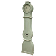 Tall Mora floor clock with a crescent detail in Gustavian green