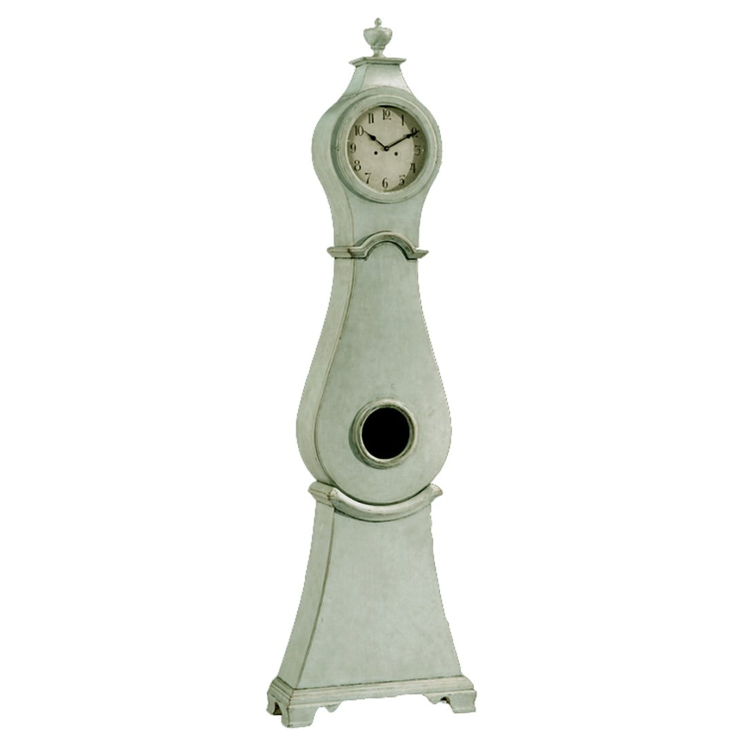 Extra-tall slender Mora floor clock in Gustavian green