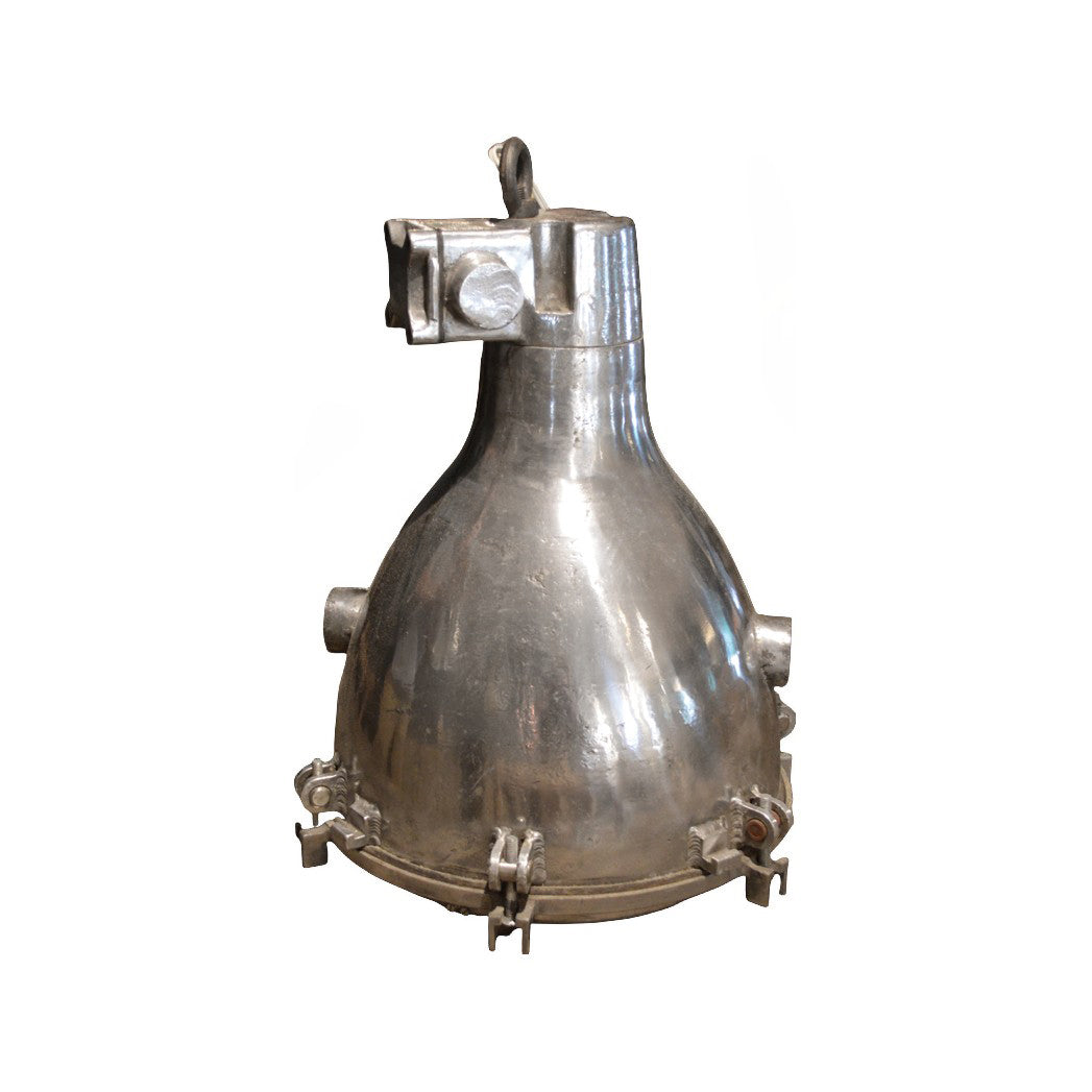 Salvaged aluminum marine pendant light with cast protective grill