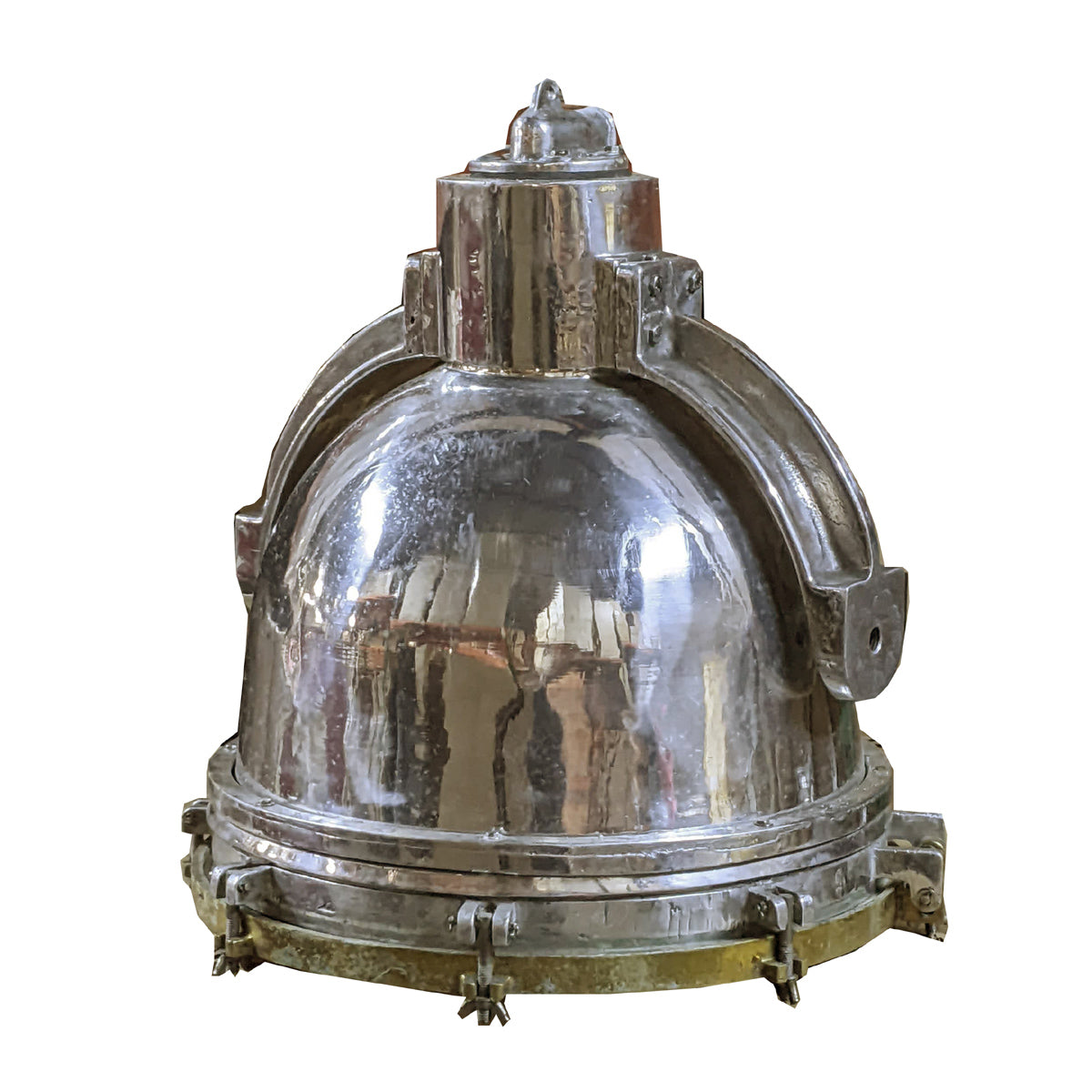 Large salvaged aluminum marine hanging light with generous dome