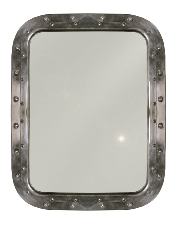 Mirror set in a squared salvaged aluminum ship porthole