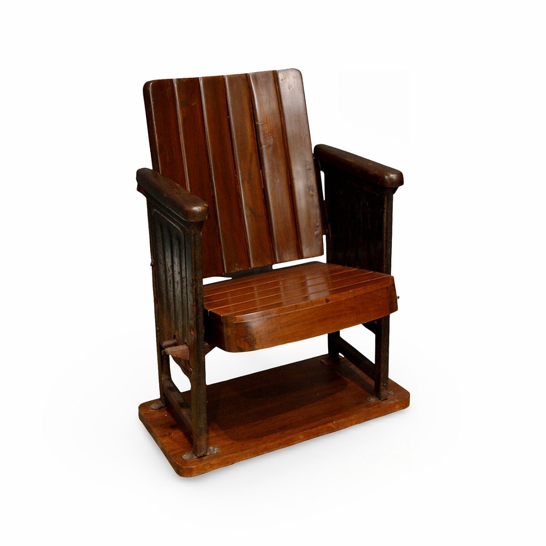 Single cinema seat with an iron frame and solid wood seat and back