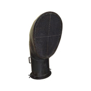 Tall weathered iron chimney with a flared, vented top