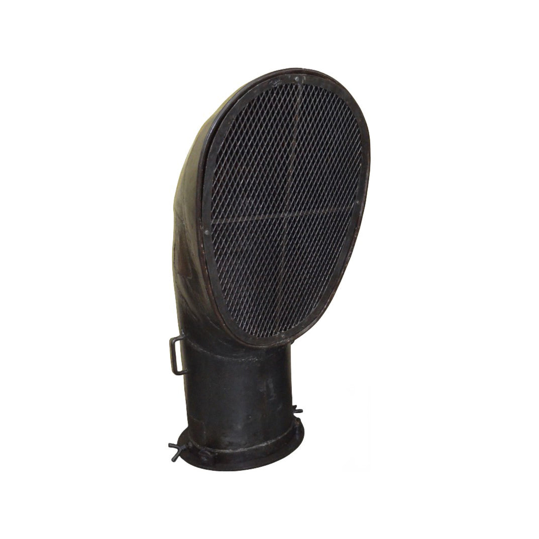 Tall weathered iron chimney with a flared, vented top