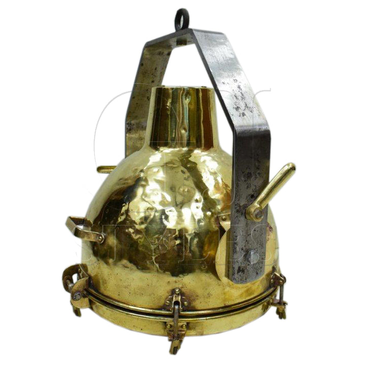 Salvaged brass marine hanging light with iron mounting bracket