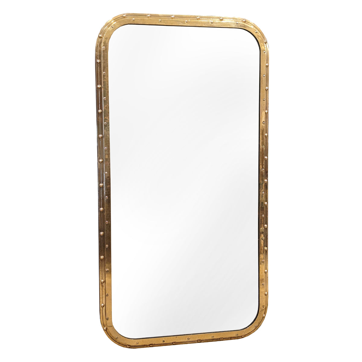 Large mirror set in an elongated salvaged brass ship porthole