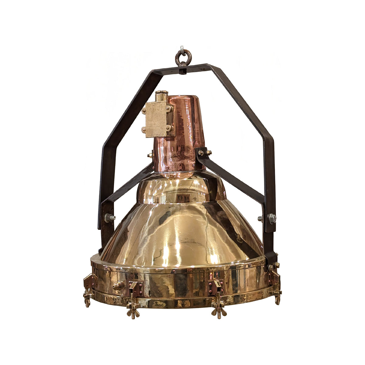 Salvaged brass marine hanging light with copper pipe detail