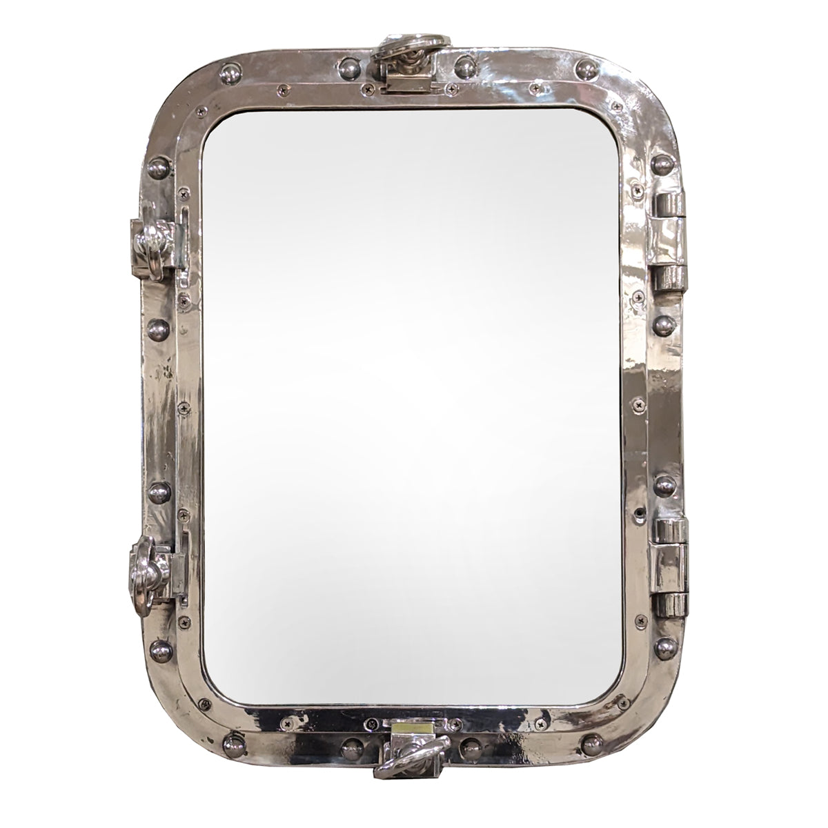 Mirror in a salvaged aluminum opening ship porthole with latch hardware