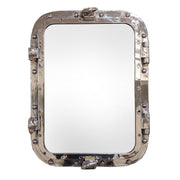 Mirror in a salvaged aluminum opening ship porthole with latch hardware