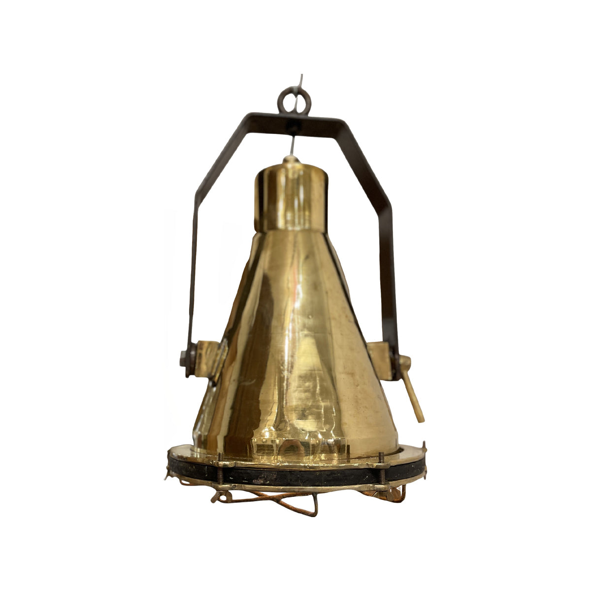 Salvaged brass marine hanging light with protective cage