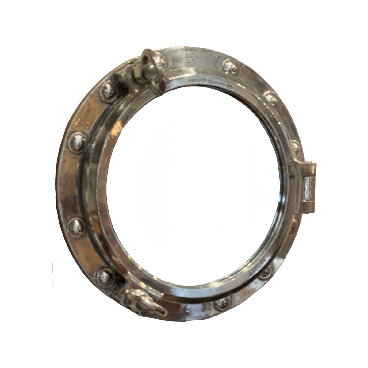 Mirror in a round salvaged aluminum opening ship porthole