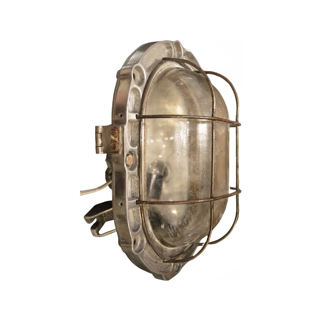 Salvaged extra large oval marine bulkhead light with iron cage