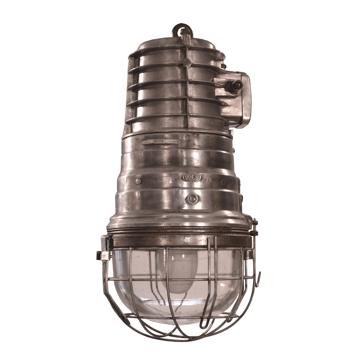 Salvaged explosion-proof marine pendant light with guarded glass lens