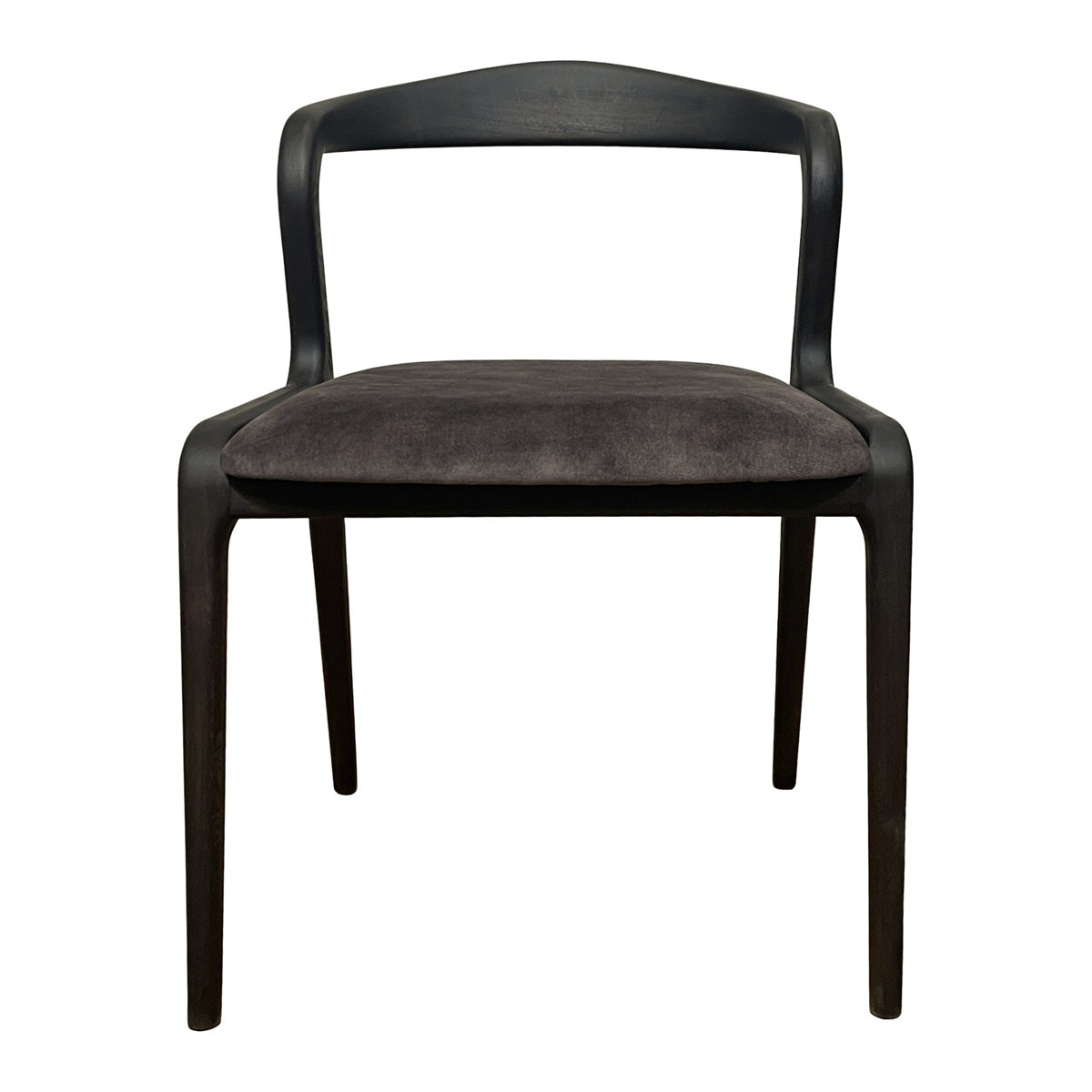 Modern side chair with a continuous birch frame in dark grey upholstery