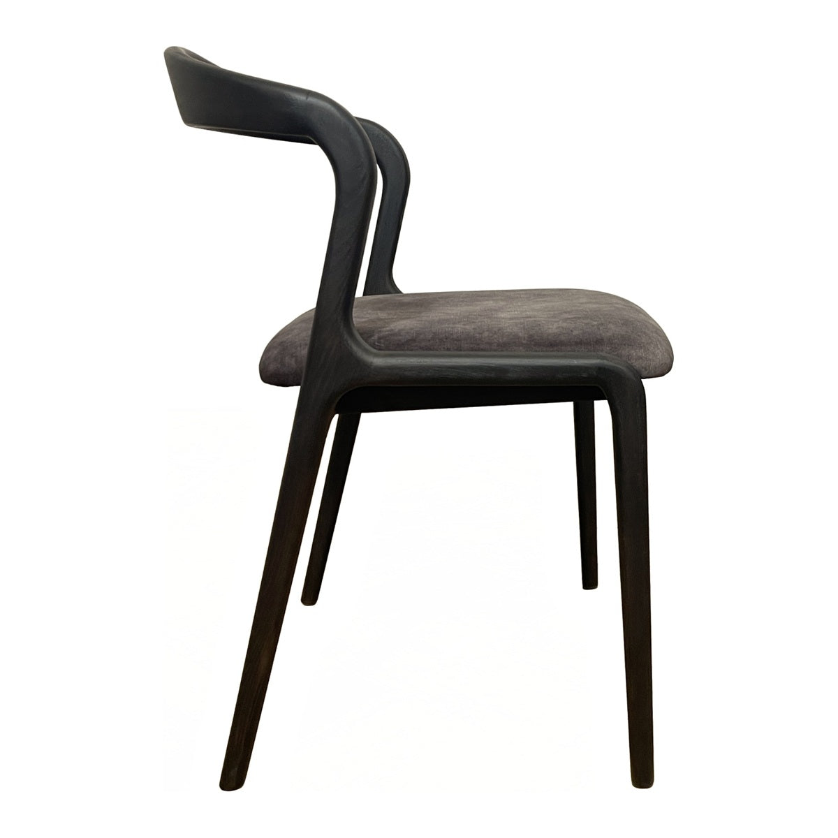 Modern side chair with a continuous birch frame in dark grey upholstery