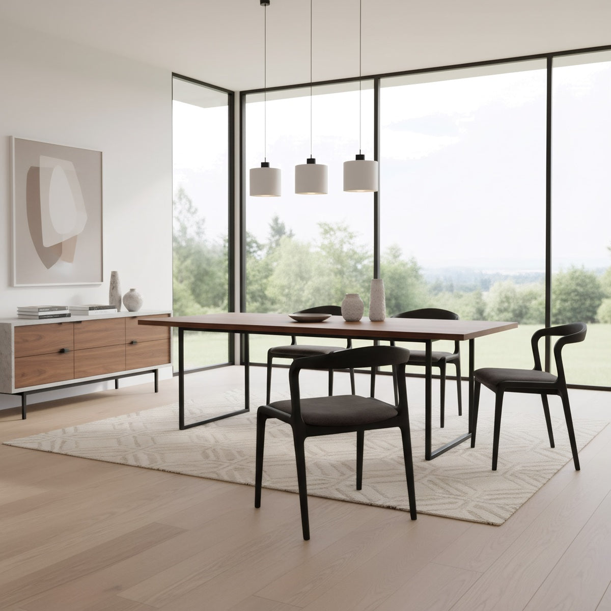 Modern side chair with a continuous birch frame in dark grey upholstery