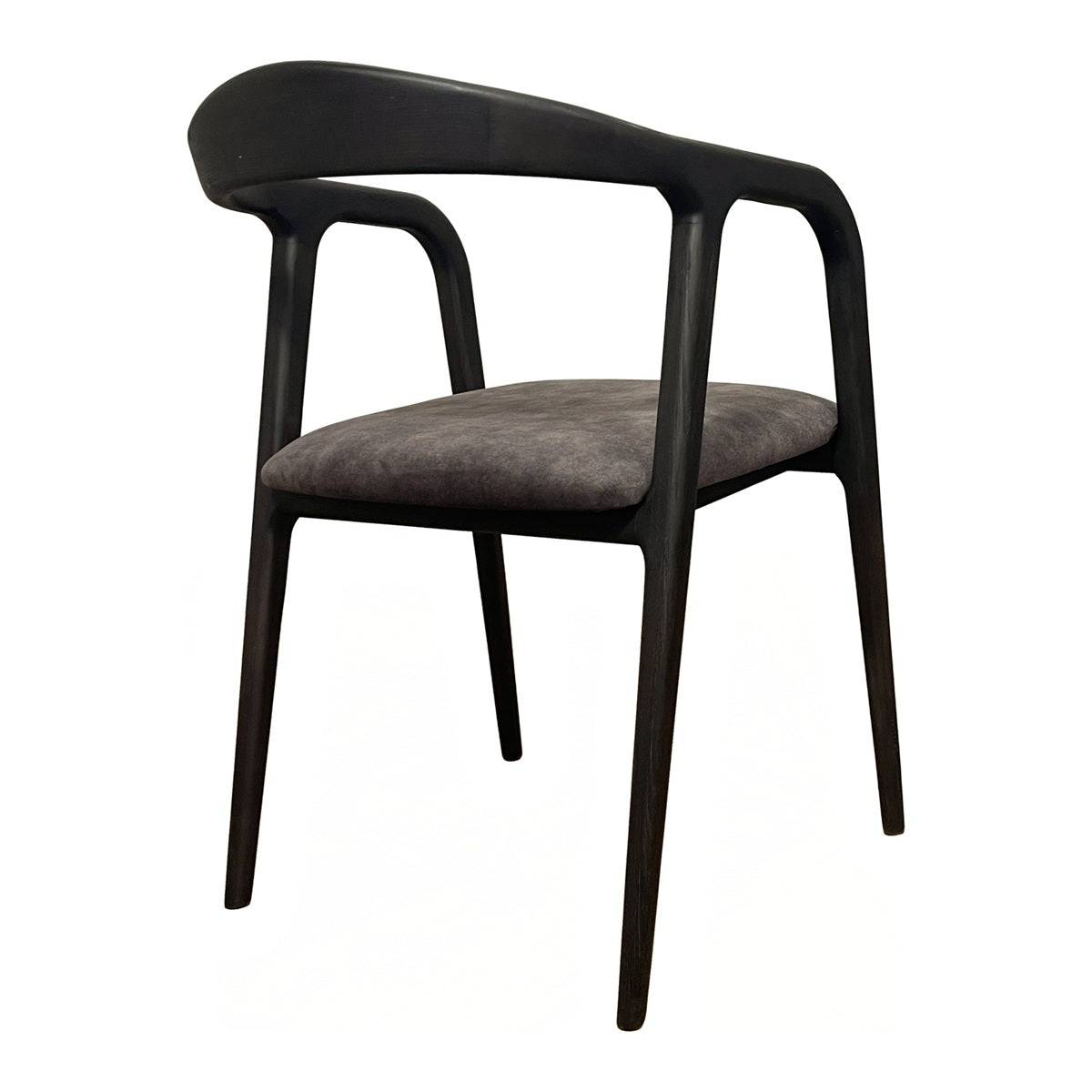 Modern armchair with a continuous birch frame and integrated arms in dark grey