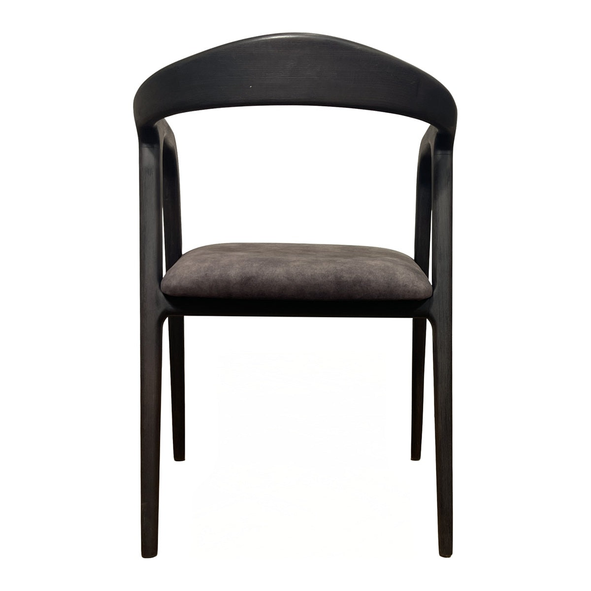 Modern armchair with a continuous birch frame and integrated arms in dark grey