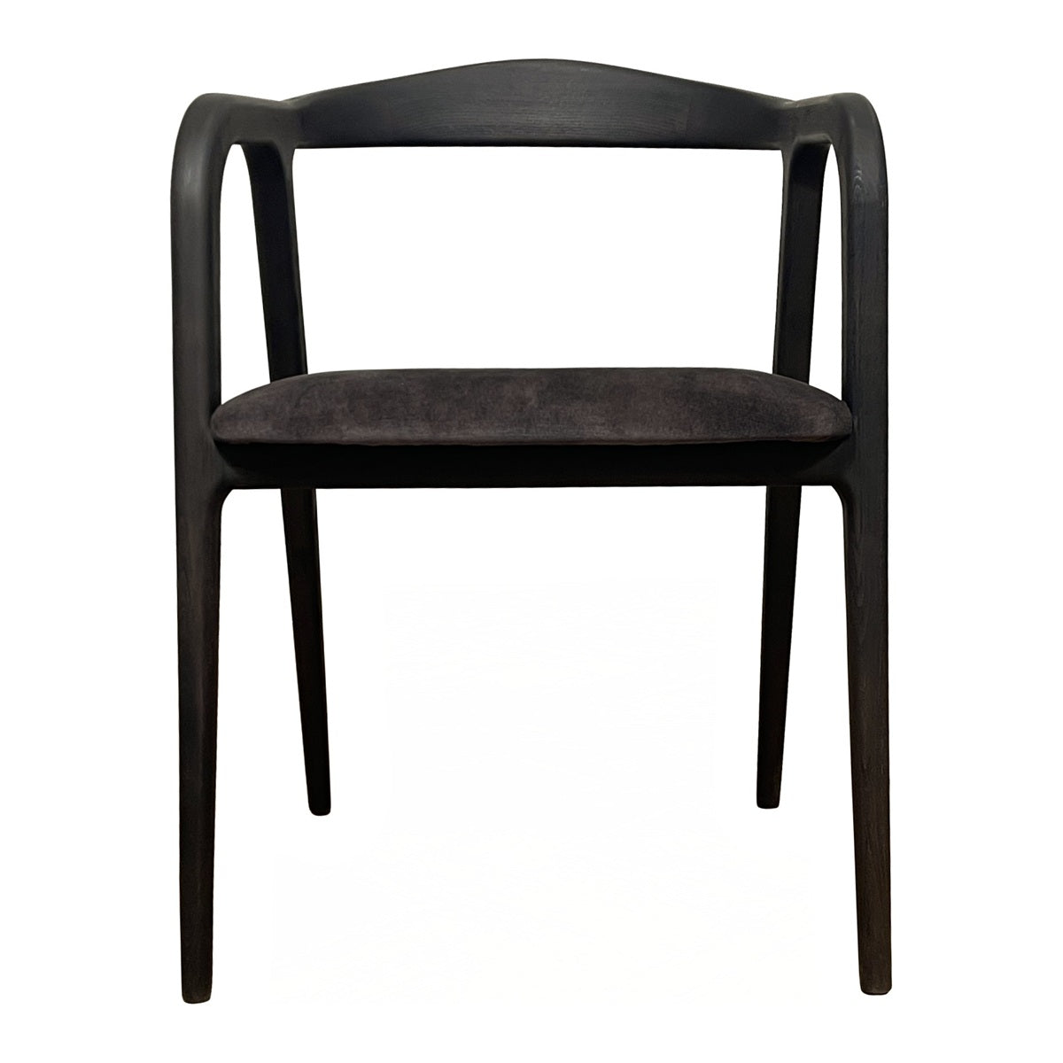 Modern armchair with a continuous birch frame and integrated arms in dark grey