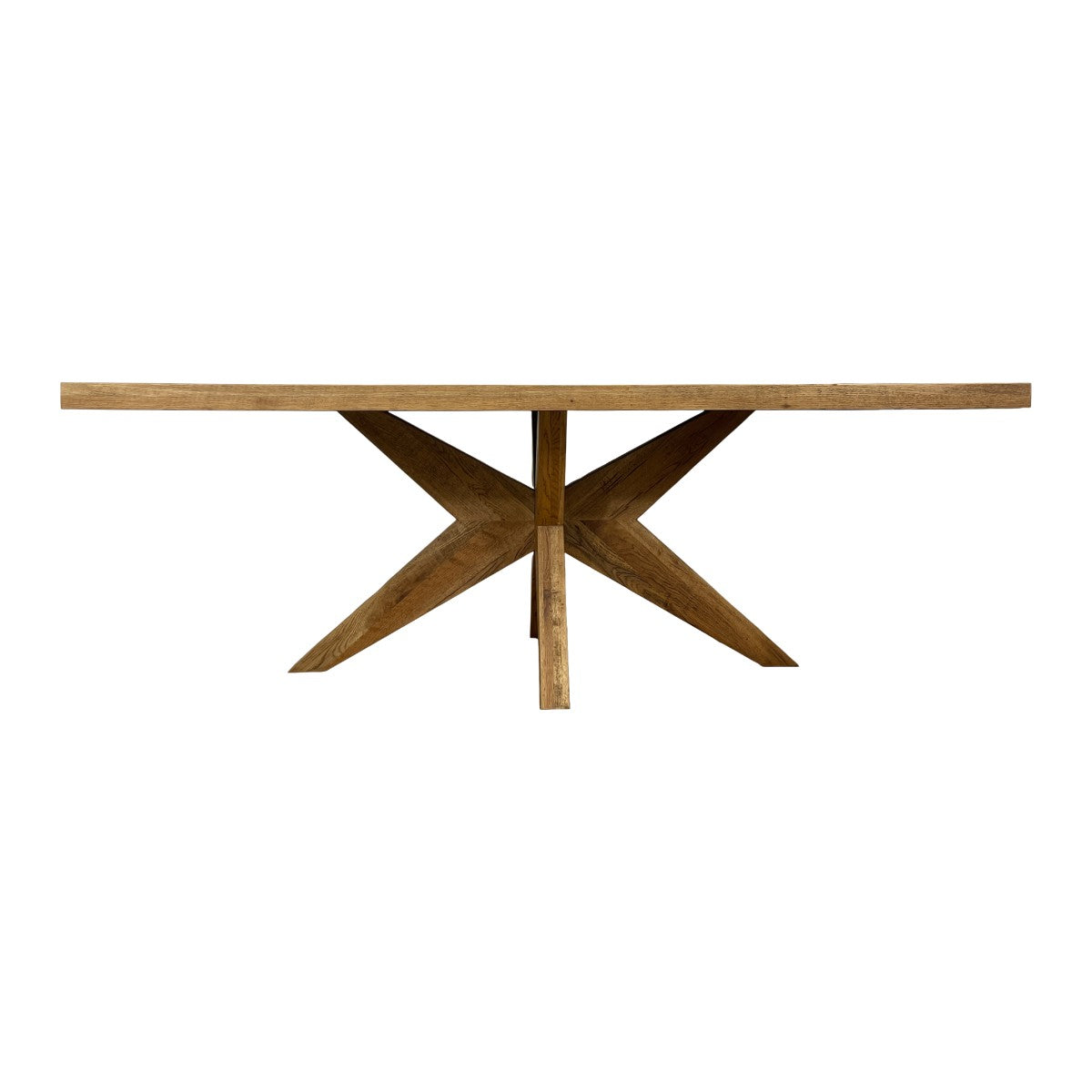 Solid oak dining table with parquet top on an intersecting pedestal base