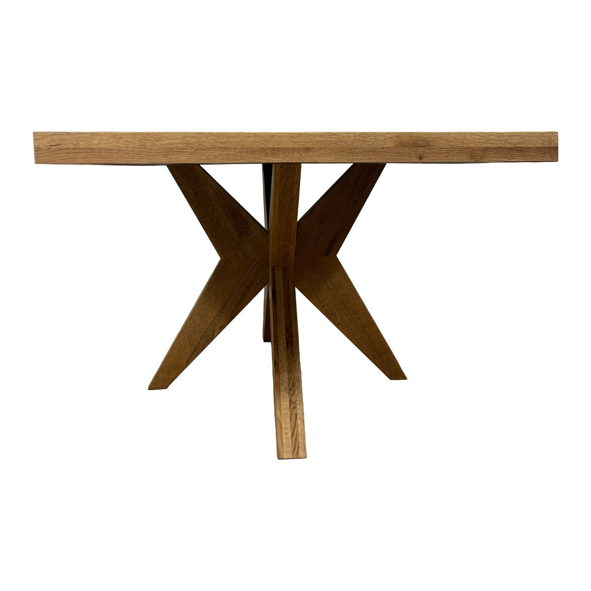 Solid oak dining table with parquet top on an intersecting pedestal base