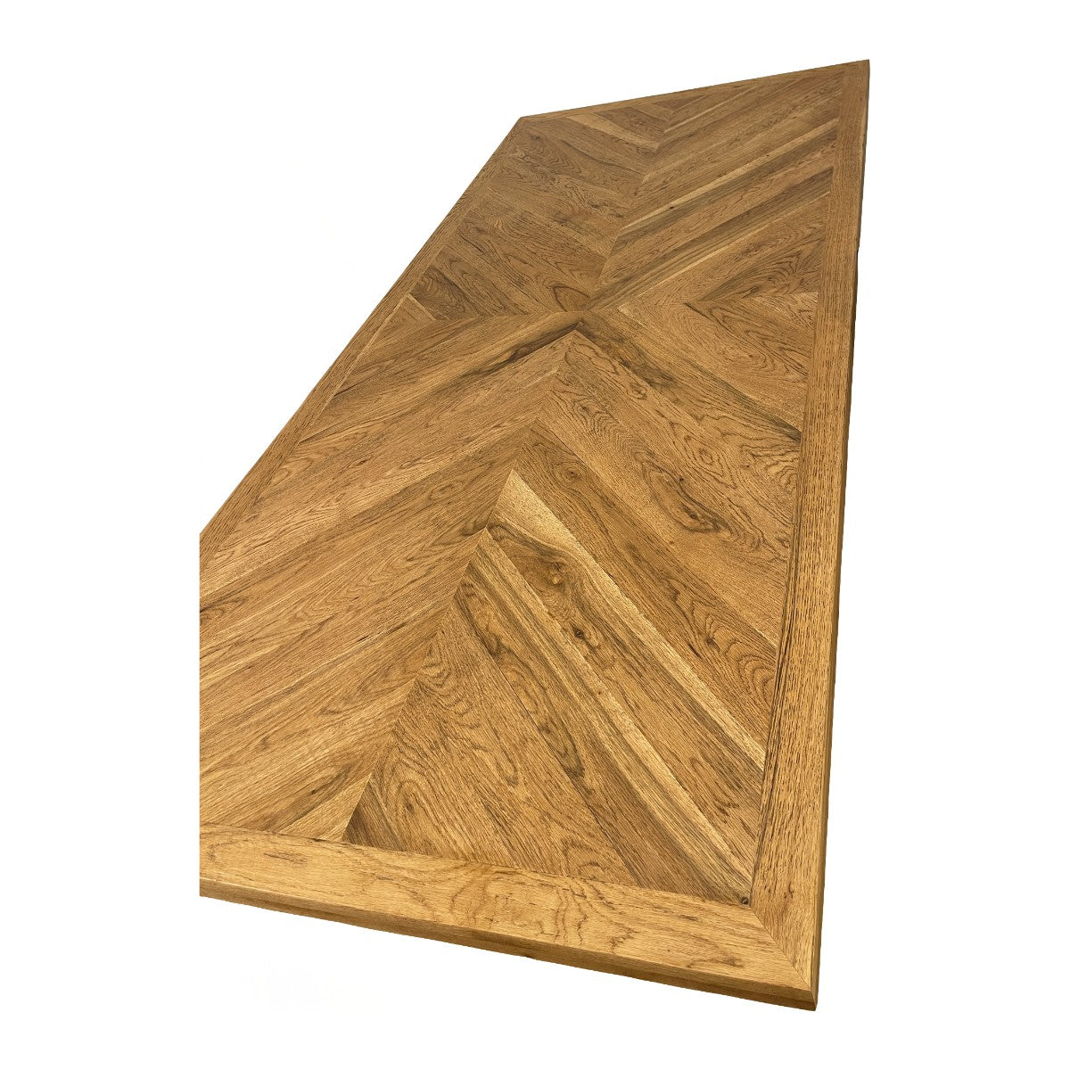 Solid oak dining table with parquet top on an intersecting pedestal base