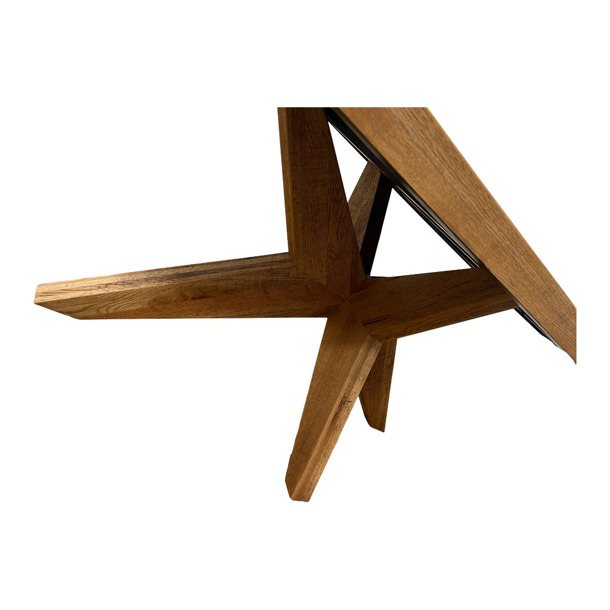 Solid oak dining table with parquet top on an intersecting pedestal base