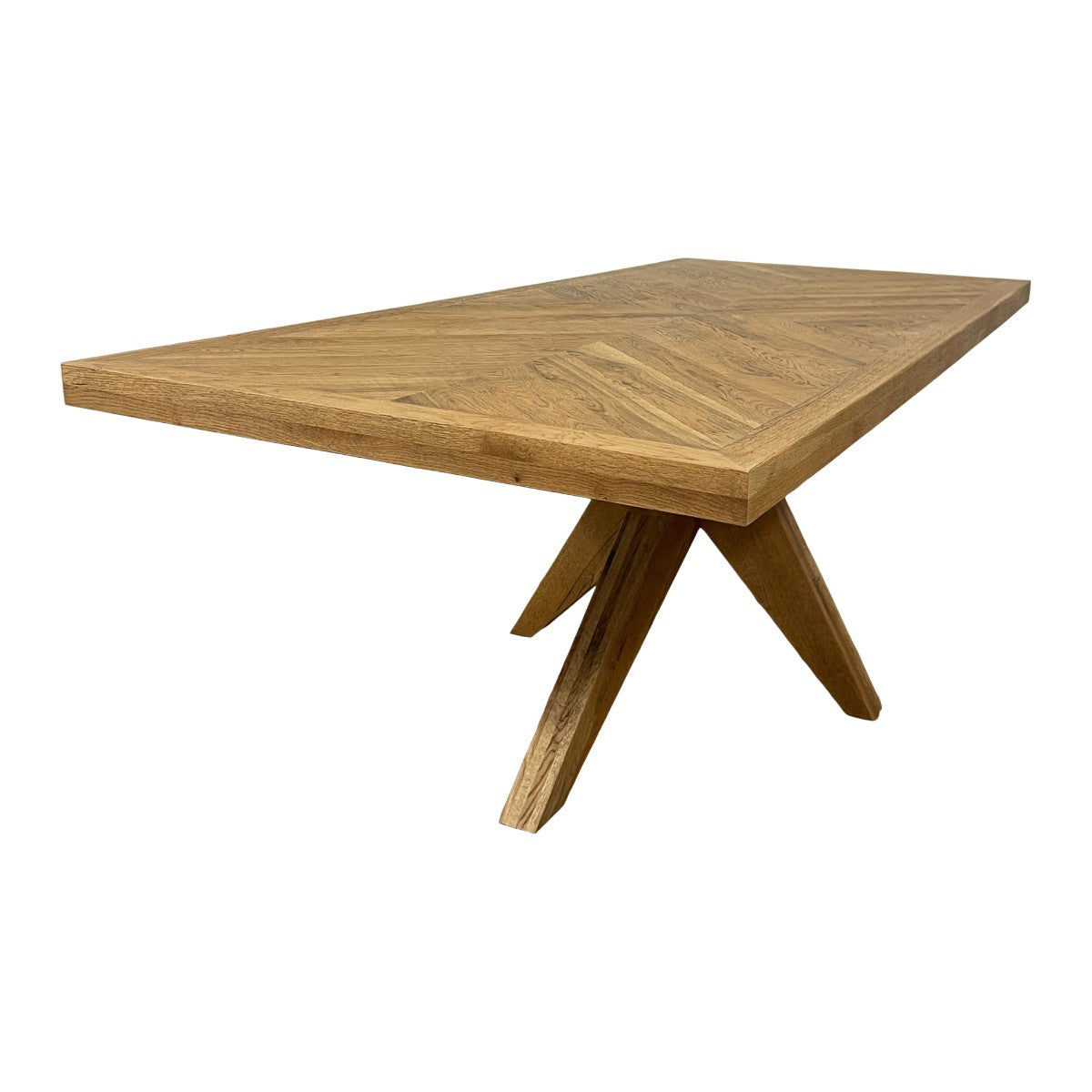 Solid oak dining table with parquet top on an intersecting pedestal base