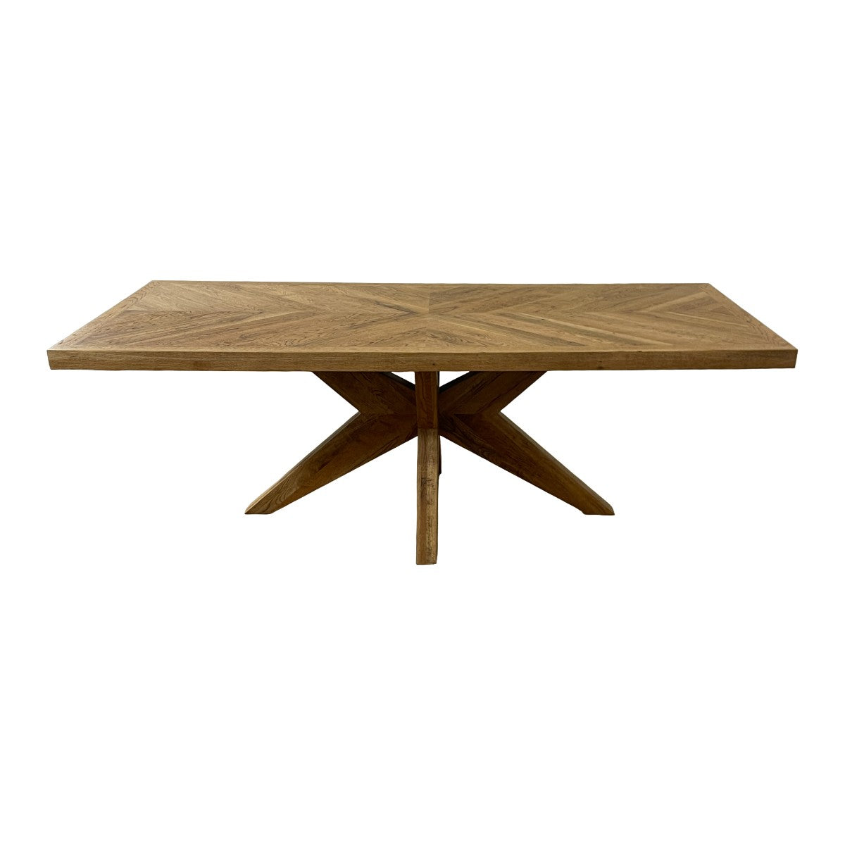 Solid oak dining table with parquet top on an intersecting pedestal base