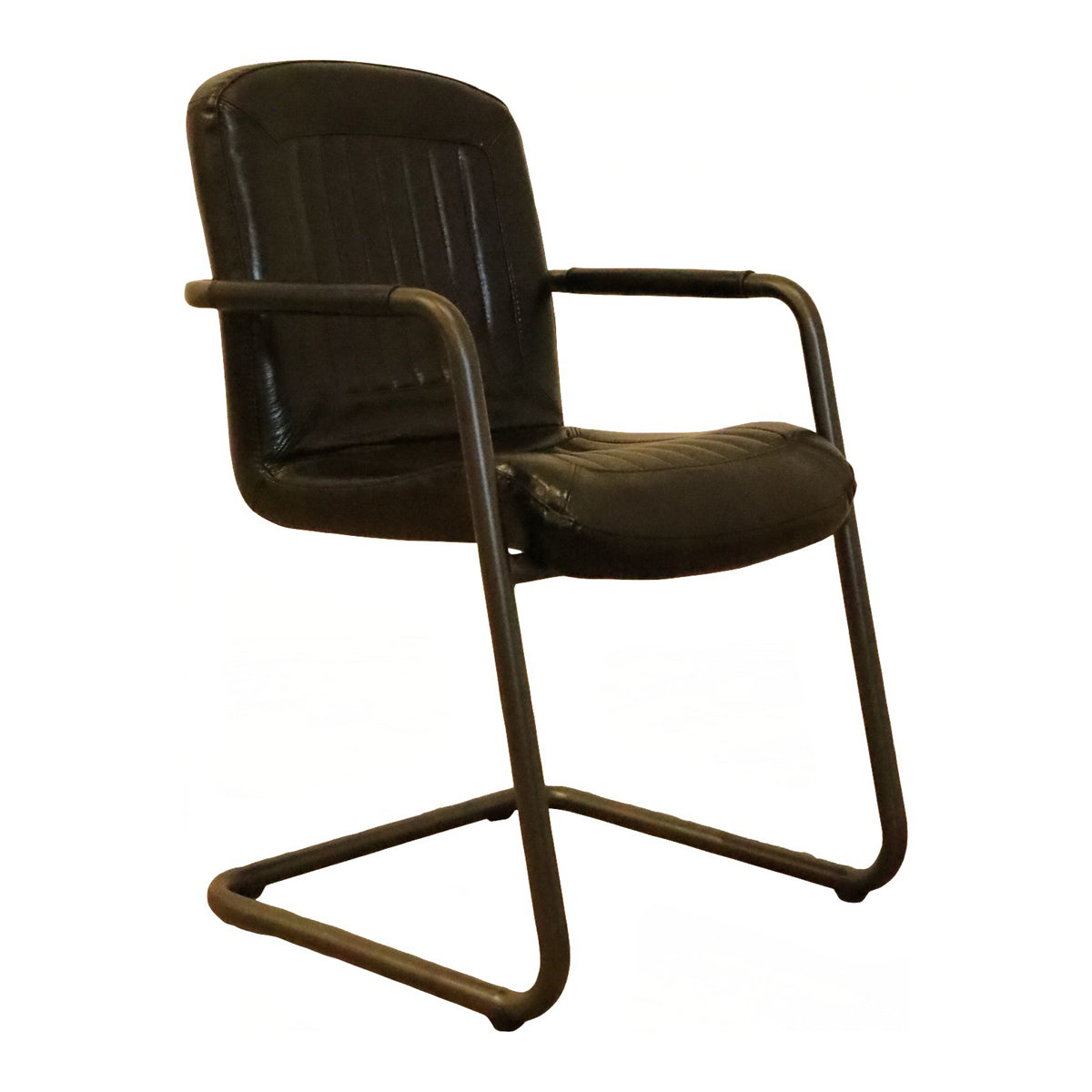Black leather dining armchair on a cantilevered steel frame