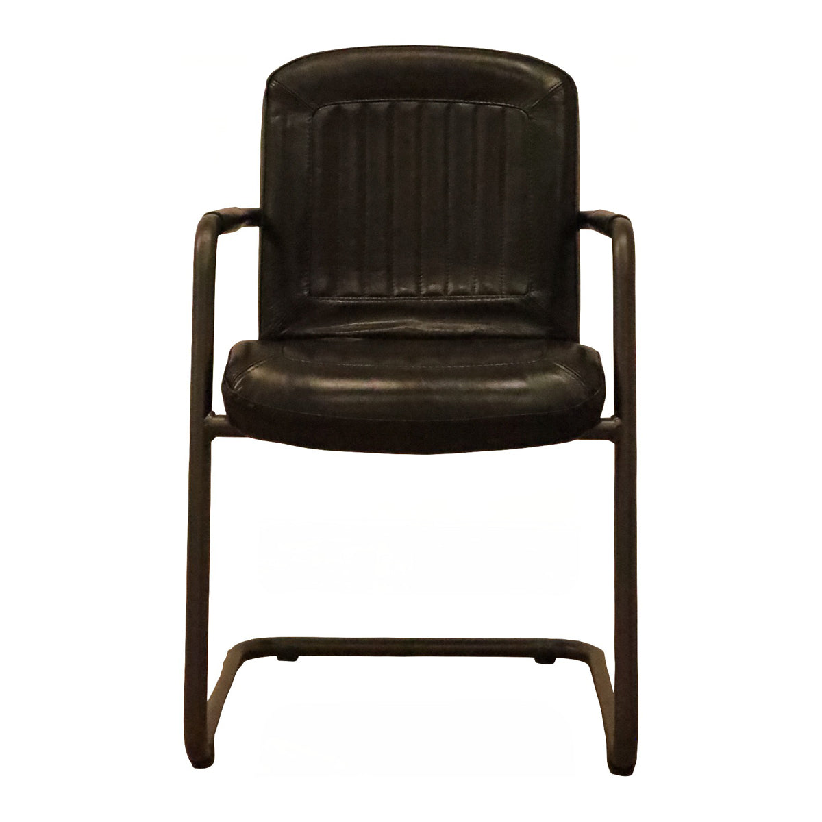 Black leather dining armchair on a cantilevered steel frame