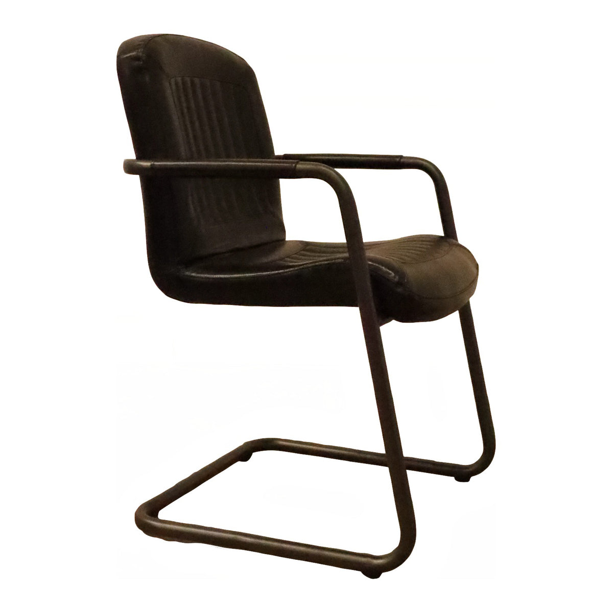Black leather dining armchair on a cantilevered steel frame