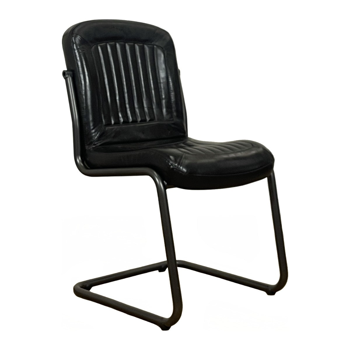 Black leather side chair with a channeled back on a cantilevered steel frame
