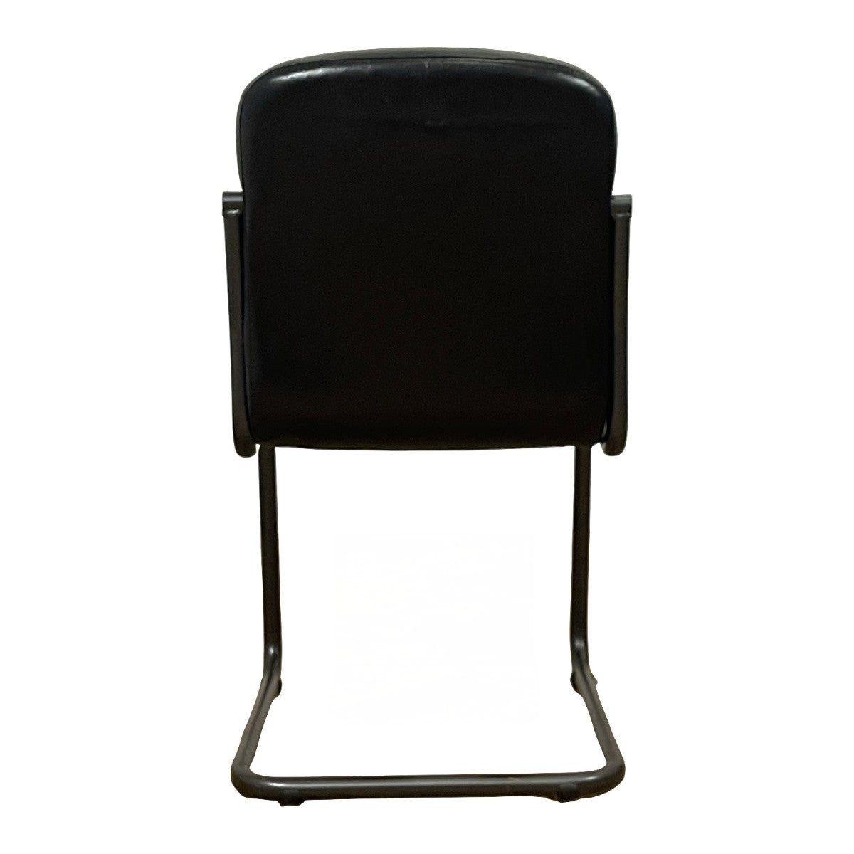 Black leather side chair with a channeled back on a cantilevered steel frame