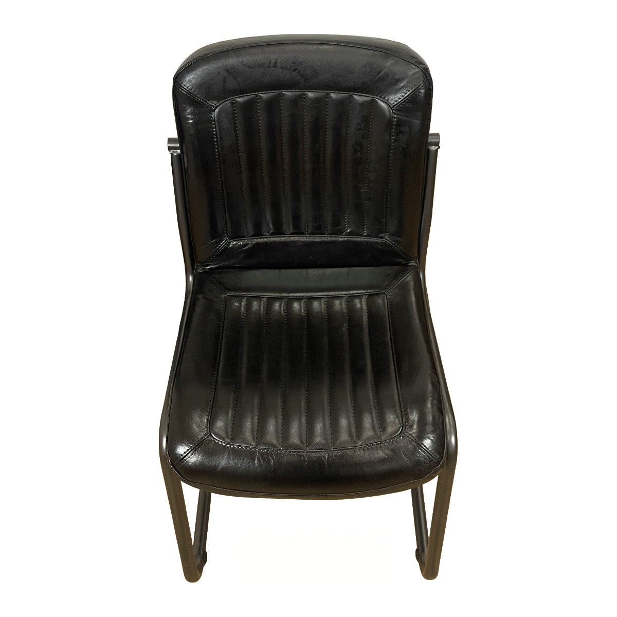 Black leather side chair with a channeled back on a cantilevered steel frame