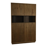 Tall Dawson bar cabinet in oak and chestnut with reeded paneling and an open band